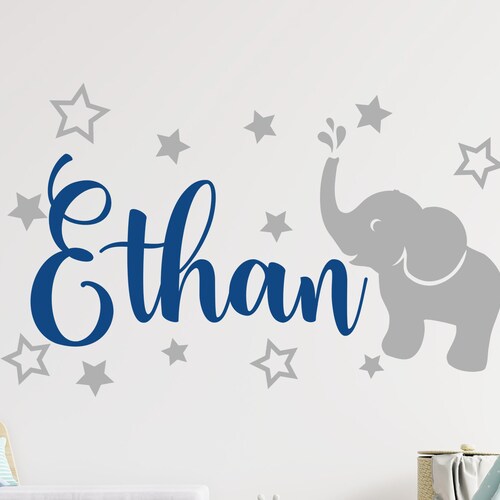 Elephant Boy Nursery Wall Decal With Name Elephant Name Wall Etsy