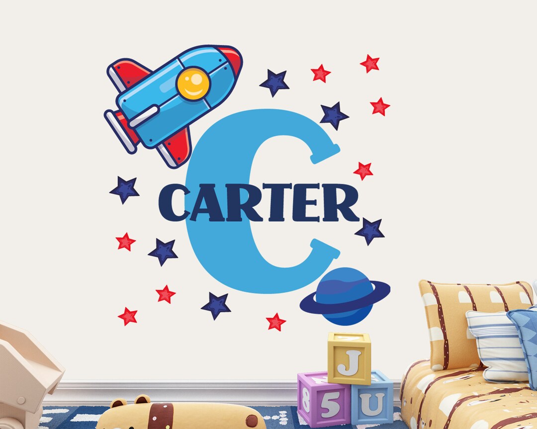 Rocket & Stars Custom Boy Name Wall Vinyl Decal: Personalized Space ...