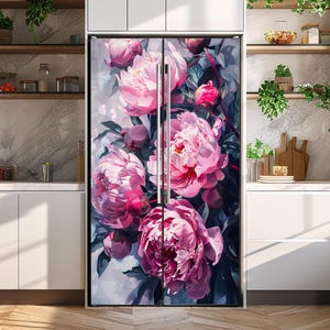 Pink Peony Flowers Fridge Vinyl Decal: Floral Refrigerator Wrap - Etsy