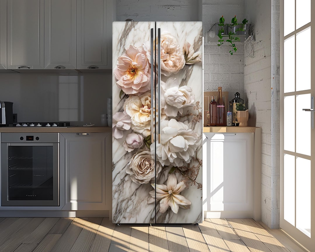 Vintage Floral Fridge Vinyl Door Decal: White Flowers Refrigerator ...