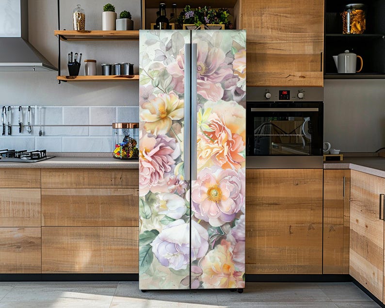 Soft Floral Fridge Vinyl Wrap: Watercolor Peony Flowers Refrigerator ...