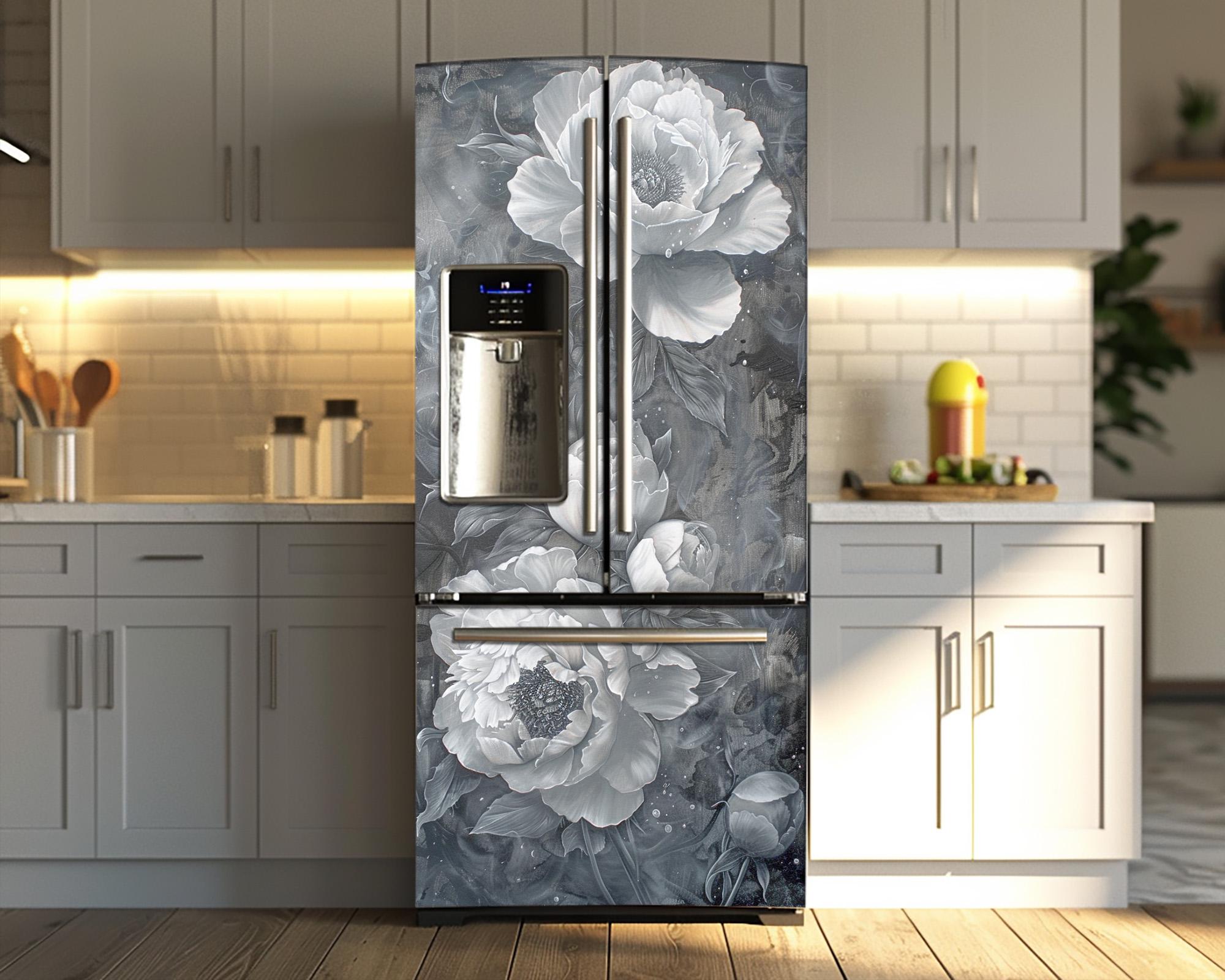 Peony Flower Design Fridge Door Cover: Retro Floral Refrigerator Vinyl ...