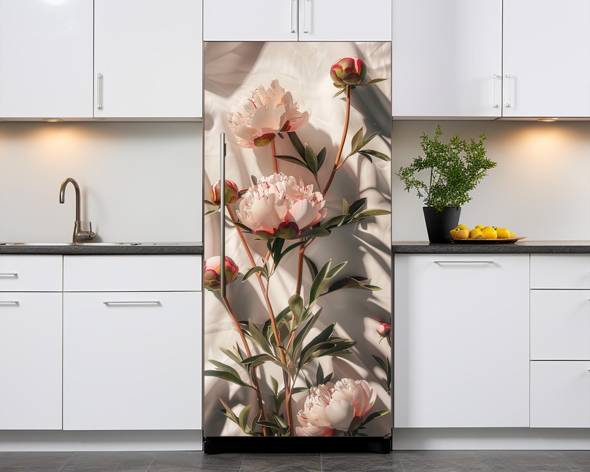 Fridge Vinyl Wrap Pastel Color Peony: Flowers Design Refrigerator Cover ...