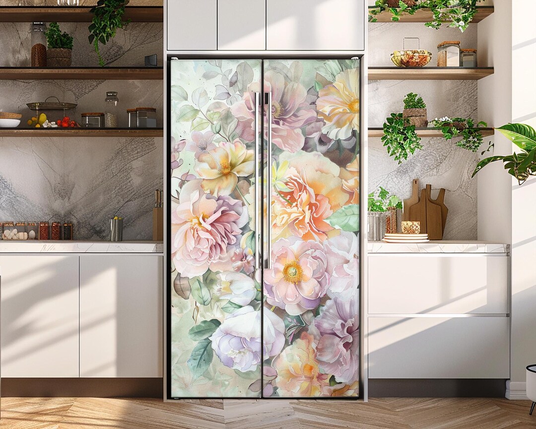 Soft Floral Fridge Vinyl Wrap: Watercolor Peony Flowers Refrigerator ...