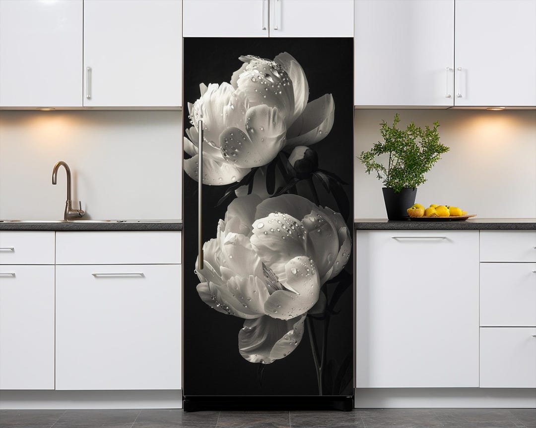 Black Fridge Wrap, Realistic White Peonies Refrigerator Vinyl Skin ...