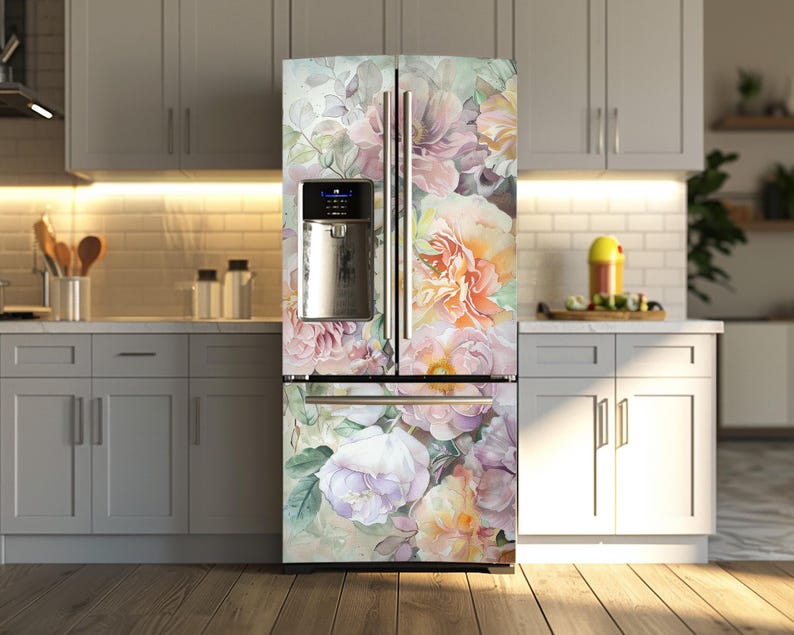 Soft Floral Fridge Vinyl Wrap: Watercolor Peony Flowers Refrigerator ...