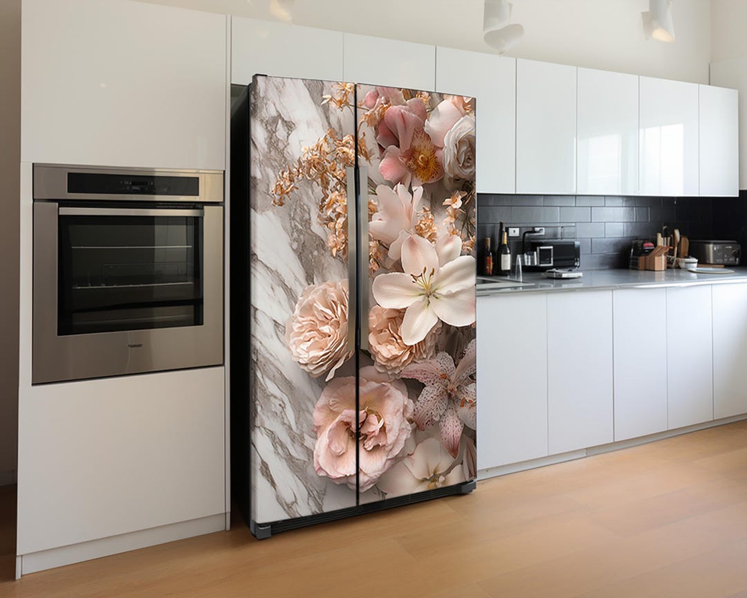 Floral Fridge Vinyl Decal, Vintage Flowers Refrigerator Wrap, Soft ...