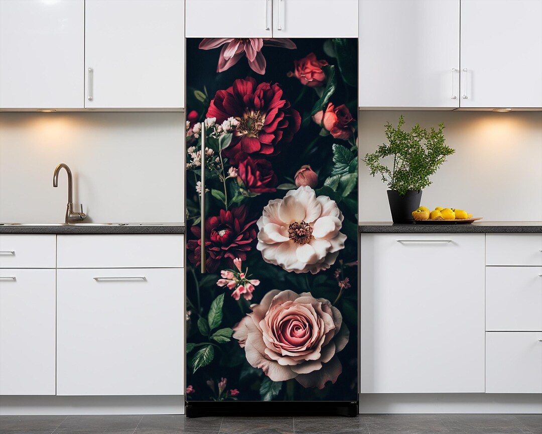 Dark Floral Design Fridge Vinyl Wrap: Vintage Flowers Refrigerator Skin ...