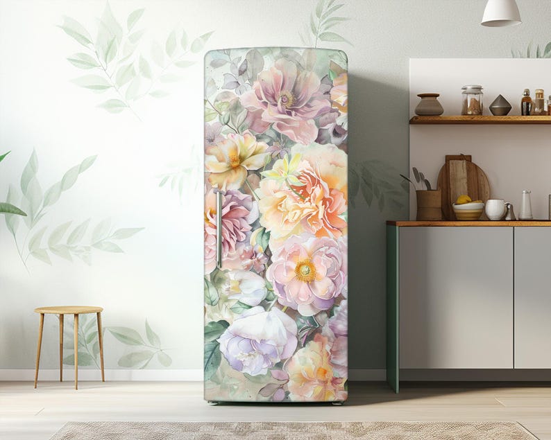 Soft Floral Fridge Vinyl Wrap: Watercolor Peony Flowers Refrigerator ...