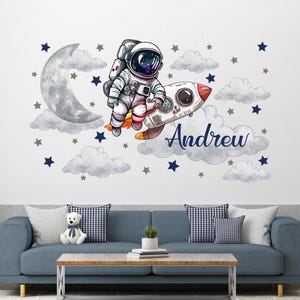 Personalized Astronaut Boy Name Wall Decal: Rocket & Stars Space Theme