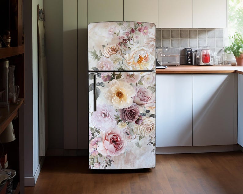 Soft Peony Flowers Fridge Vinyl Wrap: Vintage Floral Theme Refrigerator ...