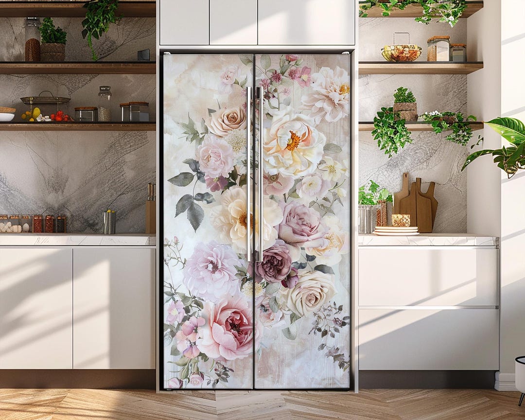 Soft Floral Fridge Wrap, White Vintage Flowers Efrigerator Vinyl Skin ...