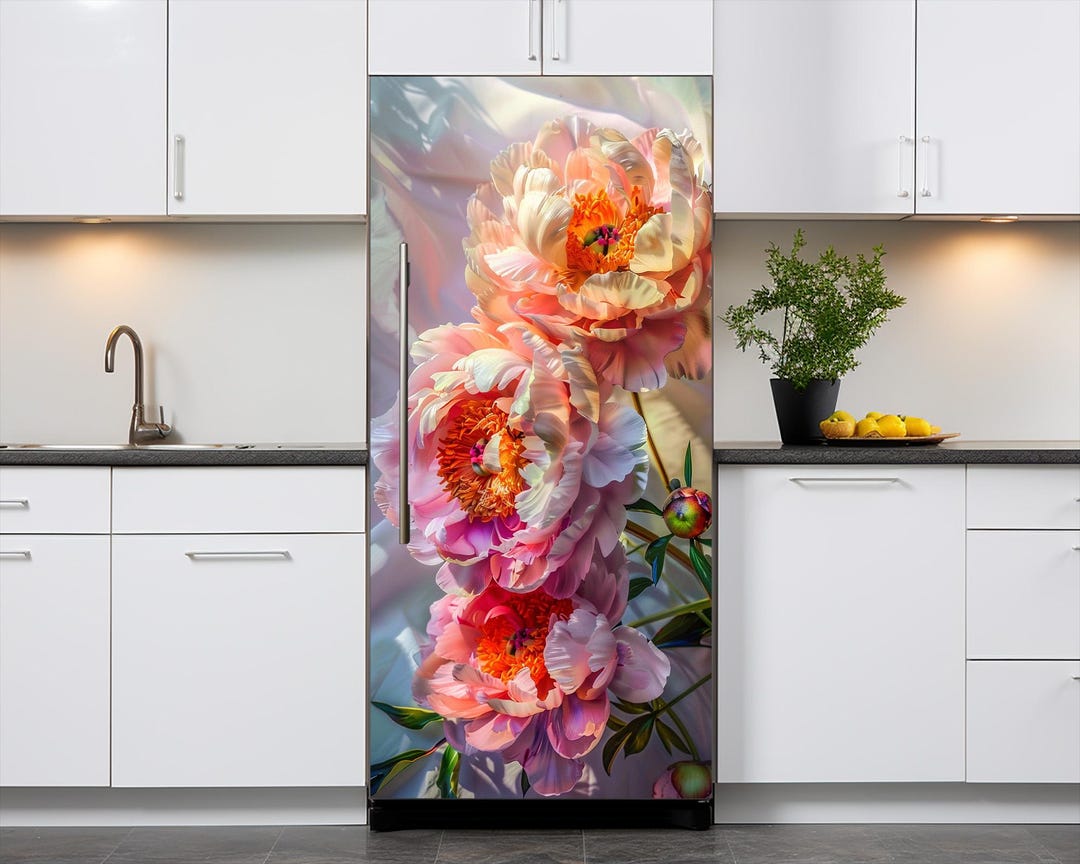 Peony Flowers Fridge Vinyl Decal, Floral Refrigerator Vinyl Wrap ...