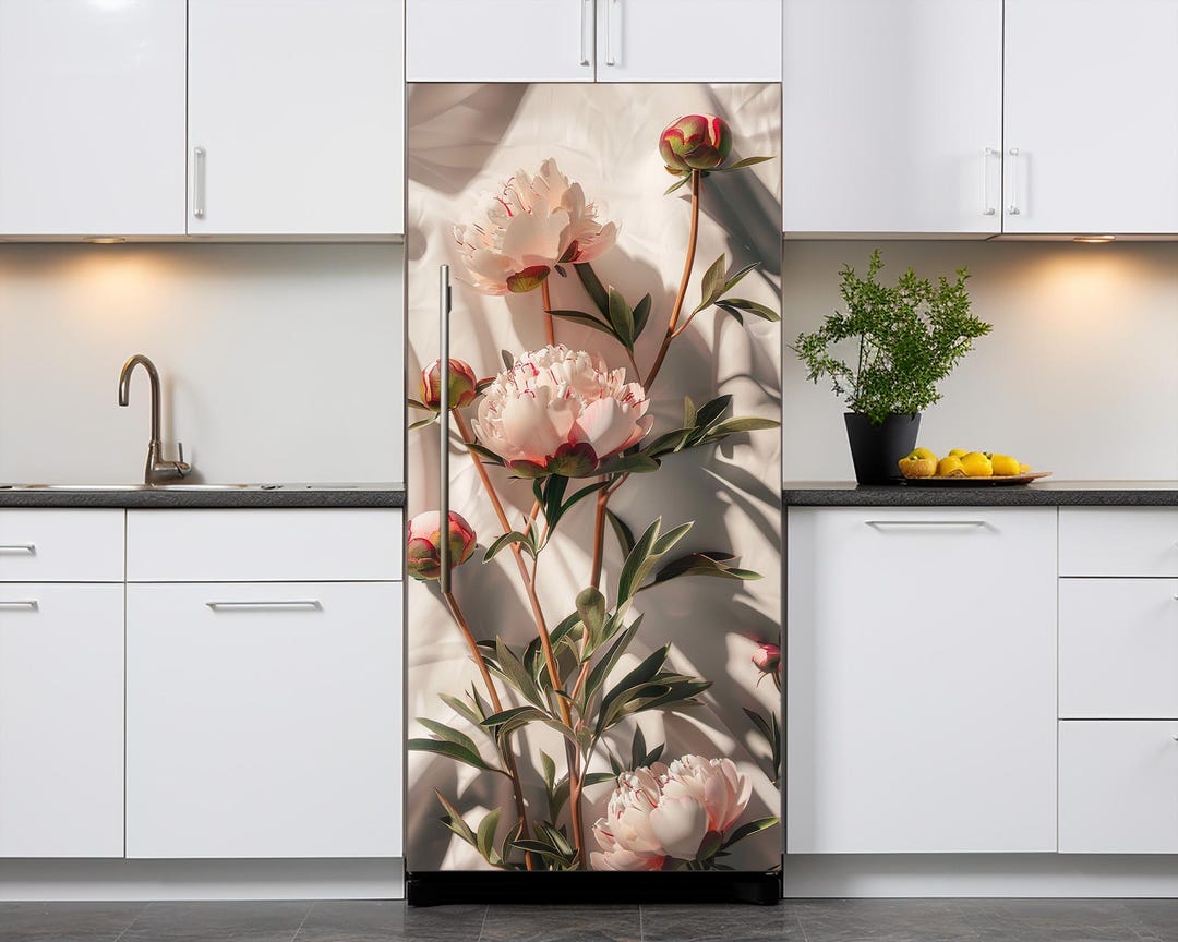 Floral Fridge Vinyl Decal, Realistic Soft Peony Flowers, Refrigerator ...