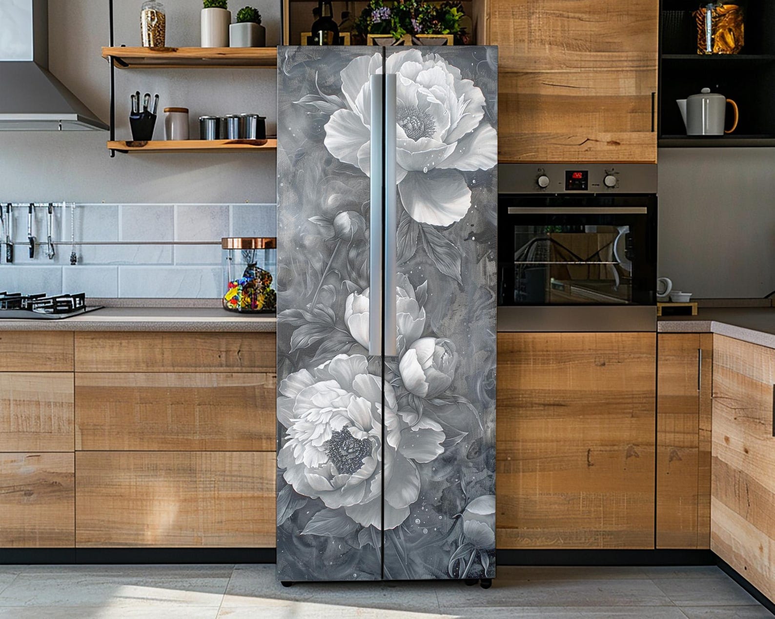 Peony Flower Design Fridge Door Cover: Retro Floral Refrigerator Vinyl ...