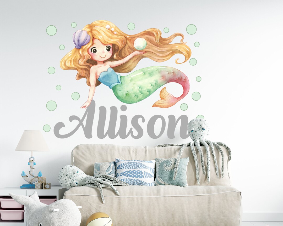 Personalized Mermaid Wall Decal: Watercolor Nursery Decor - Etsy