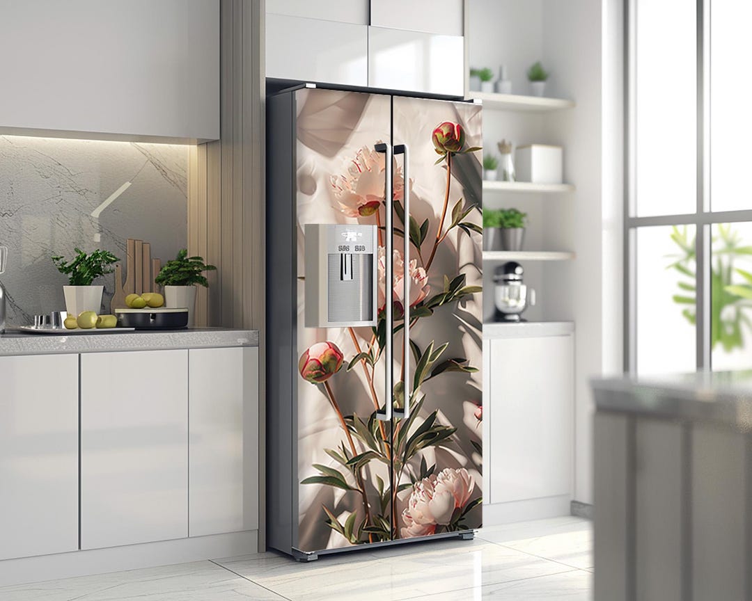 Fridge Vinyl Wrap Pastel Color Peony: Flowers Design Refrigerator Cover ...