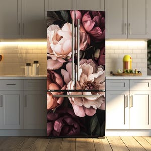 Vintage Peony Floral Fridge Vinyl Wrap: Removable Kitchen Decor