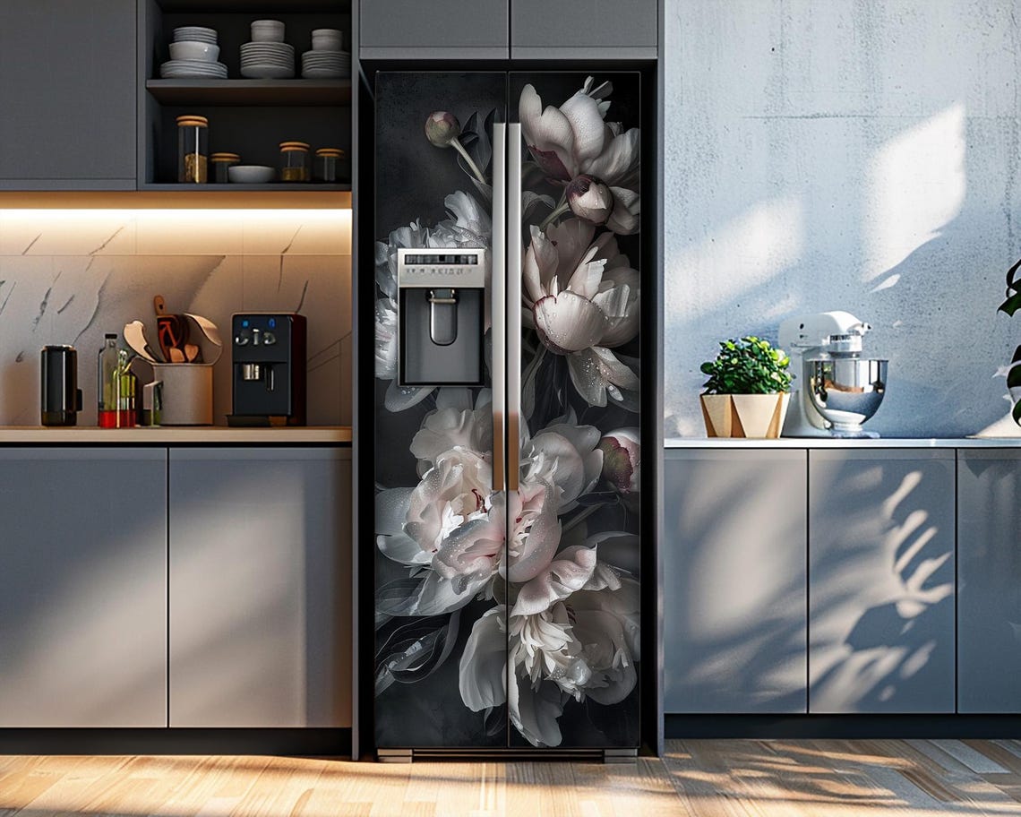 Dark Peony Floral Fridge Vinyl Wrap: Removable Flowers Theme ...