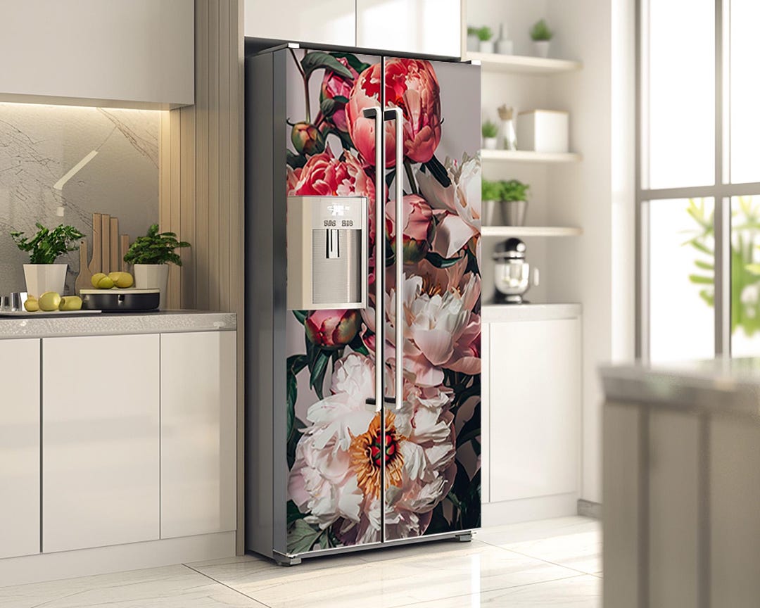 Floral Fridge Vinyl Decal, Realistic Peony Flowers Skin, Refrigerator ...