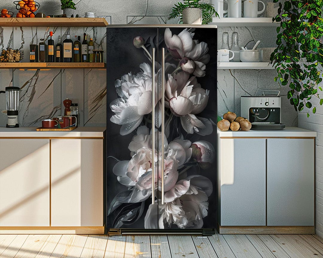 Dark Peony Floral Fridge Vinyl Wrap: Removable Flowers Theme ...