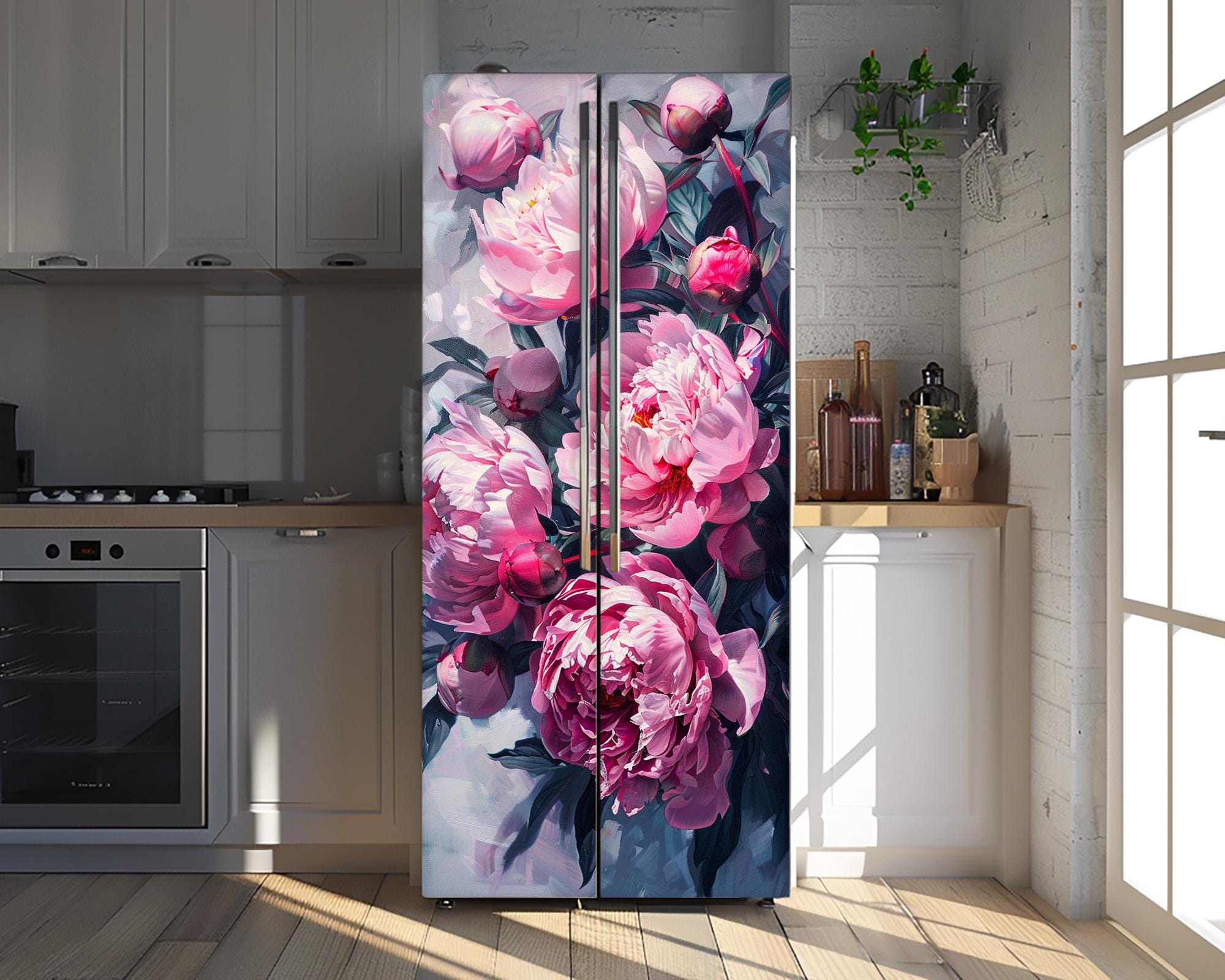 Pink Peony Flowers Fridge Vinyl Decal: Floral Refrigerator Wrap - Etsy