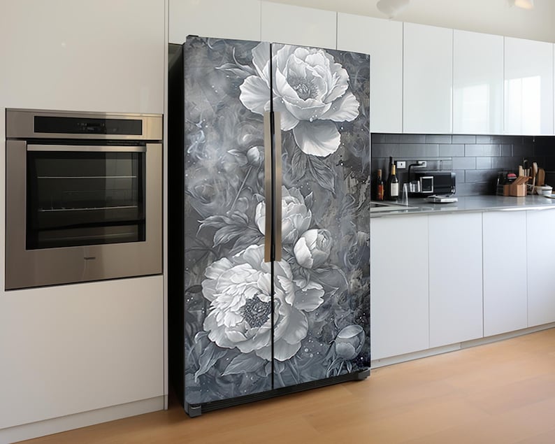 Peony Flower Design Fridge Door Cover: Retro Floral Refrigerator Vinyl ...