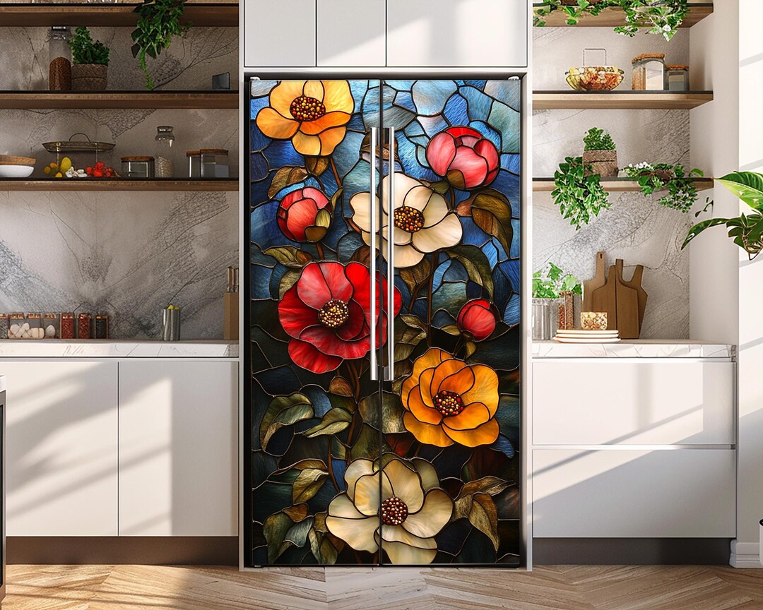Floral Fridge Vinyl Decal, Vintage Peony Puttons, Refrigerator Vinyl ...