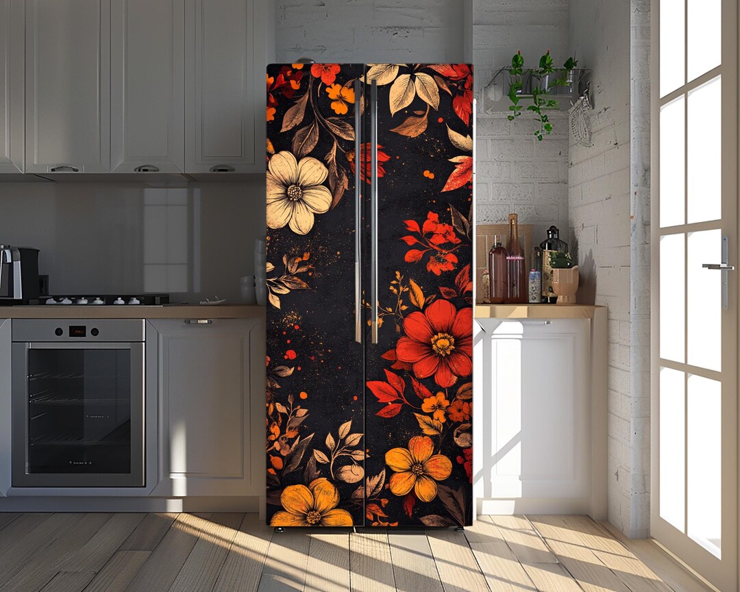 Floral Fridge Vinyl Wrap, Dark Wild Flowers Refrigerator Vinyl Decal ...