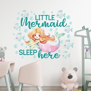 Little mermaid sleep here wall decal kids room, cute mermaid in underwater vinyl sticker girl room, watercolor mermaid with quote baby decal