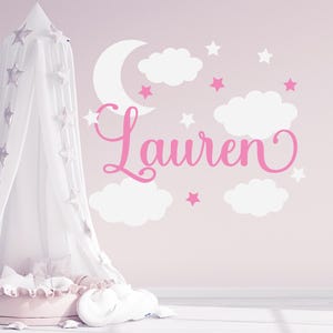 Personalized Girl Name Wall Decal: Moon, Stars, Clouds Vinyl Nursery Decor
