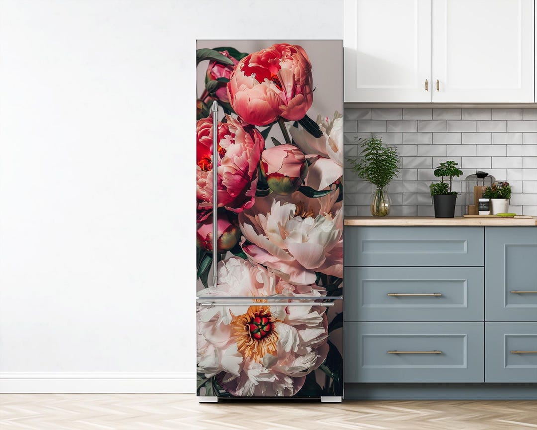 Peony Fridge Vinyl Wrap, Realistic Flowers Refrigerator Vinyl Skin ...