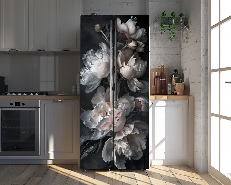 Dark Peony Floral Fridge Vinyl Wrap: Removable Flowers Theme ...