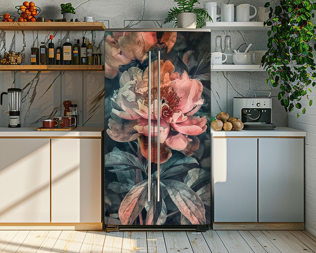Vintage Peony Flowers Fridge Vinyl Decal: Floral Theme Kitchen Room ...