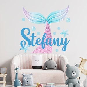 Pastel color mermaid tail with girl name wall sticker kids room, sea theme vinyl decal girl room, mermaid tail decal for nursery bedroom