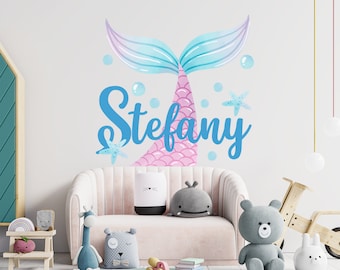Personalisierte Mermaid Tail Wandtattoo Mädchen: Kinderzimmer Meer Thema Vinyl Aufkleber Baby Zimmer