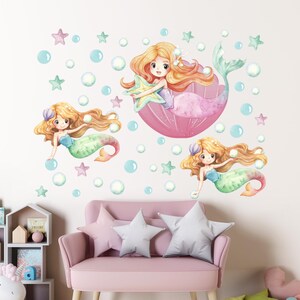 Girly pink wall vinyl decal mermaids with water bubbles, watercolor set mermaid sticker, cute mermaids in underwater world decal above crib