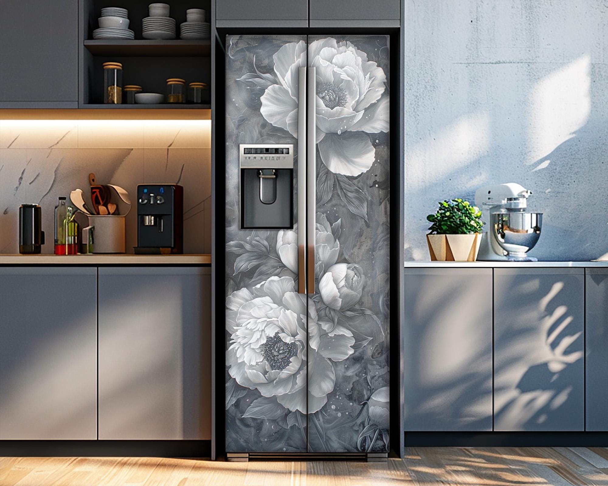 Peony Flower Design Fridge Door Cover: Retro Floral Refrigerator Vinyl ...