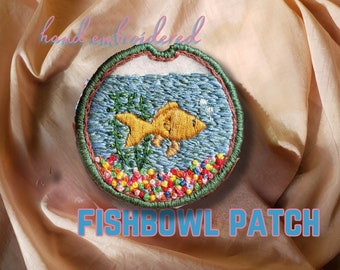 Embroidered Fishbowl Patch , Handmade Fish bowl Patch , Iron On or Velcro-on