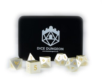 Noble Platinum Silver and Gold Metal Dice Set Polyhedral Dice perfect for Dungeons & Dragons, fans of Critical Role and other D20 RPGs