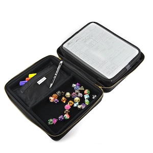 May include: Black zipped case with a clear plastic pocket for a game sheet, a mesh pocket for small items, and a compartment for dice. The case is open and filled with colourful dice.