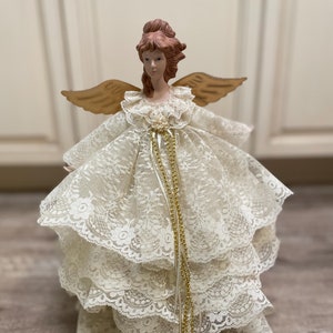 Handmade Lace Angel Tree Topper – Large 15” Ivory Christmas Angel with Gold Accents – Vintage-Inspired Holiday Decoration or Tabletop Decor