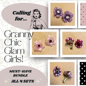 May include: A collection of four sets of vintage earrings in a collage. The earrings showcase floral and beaded designs in pink, purple, and black. The image includes the text "Calling for... Granny Chic Glam Girls! MUST-HAVE BUNDLE ALL 4 SETS".