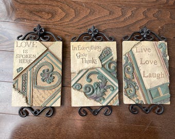 Vintage Rustic Inspirational Wall Plaque Trio – Love is Spoken Here, Give Thanks, Live Laugh Love