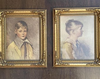Peter and Charlotte Vintage Portrait Prints • Arthur Garratt & Sydney Bell • Gold Ornate Wood Frames • 1920s Wall Art Pair