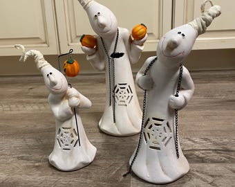 PRICE REDUCED - Vintage Phantom Threesome Halloween Ghost Figurines – Set of 3 Ceramic Light-Up Figures – Spooky Décor with Jack-o'-Lanterns