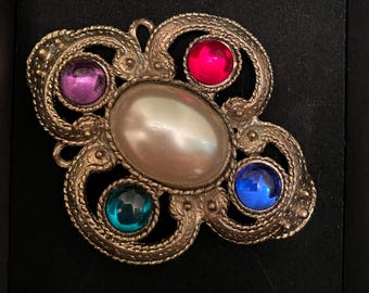 Vintage Jeweled Brooch with Faux Pearl Center and Colorful Glass Stones, 1980s Costume Jewelry, Gold Tone Statement Pin