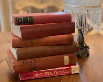 Vintage Red Book Bundle – 5 Hardcovers + 1 Softcover | Antique Decorative Books | 1930s–1950s Shelf Decor | No Dust Jackets