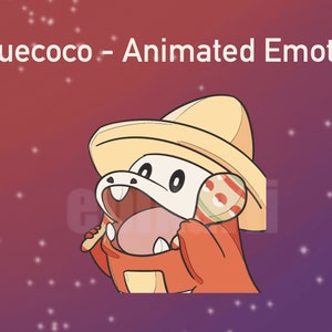May include: Animated digital illustration of a cartoon character wearing a sombrero and holding a maraca. The character has a red and orange body, a white face, and a yellow hat. The background is a gradient of red, pink, and purple with white stars.