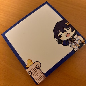 May include: A white notepad with a blue border. The notepad has a cartoon illustration of a person with purple hair and a yellow bird on a column.
